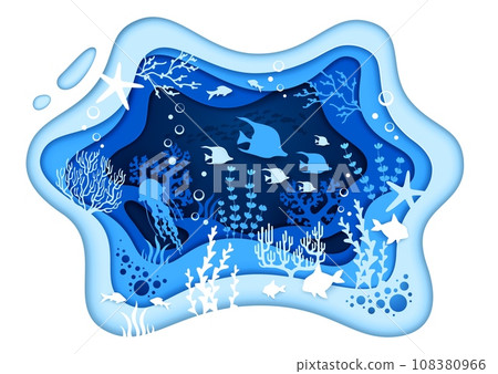 Ocean blue sea paper cut landscape silhouette. Seaweeds, fish shoal, starfish and jellyfish on tropical coral reef bottom vector background with algae and bubbles in 3d papercut wavy frame borders 108380966