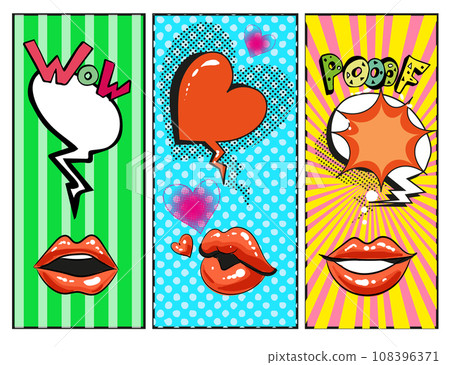 Vector pop art female lips, hearts, speech bubbles with fashion phrases 108396371