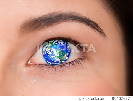 Environmental issues: Macro photography of a woman, iris, and eyes with the earth reflected in her eyes, close-up, AI-generated image 109407637