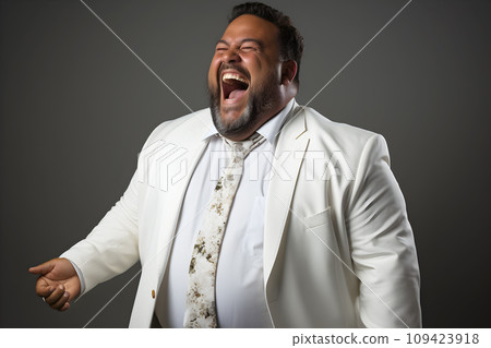 Caucasian elderly senior big and fat businessman in white suit is smiling and happy laughing in studio 109423918