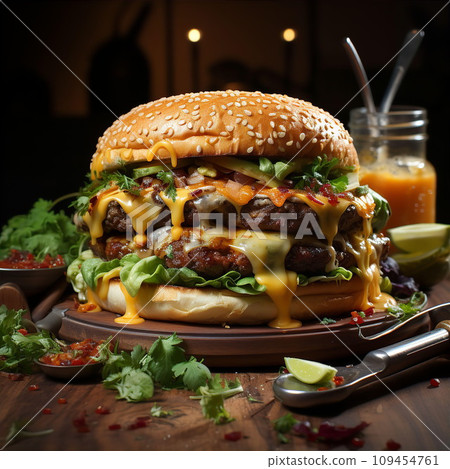 AI-generated content. Appetizing burger with cheese and meat cutlet on dark background 109454761