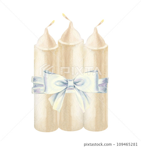 Watercolor white candles with white bow for illustrations for Christmas, Candlemas, wedding, birthday, Easter, magic, memorial day, spa and relaxation for invitations, cards, social posts, banner 109465281