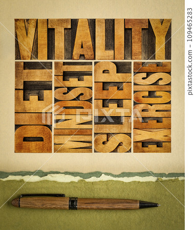 diet, sleep, exercise and mindset - vitality concept - word abstract in vintage letterpress wood type printing blocks on art paper 109465283