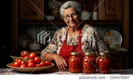 Grandma standing proudly in her kitchen, surrounded by an array of colorful glass jars filled with pickled vegetables that she has just canned. AI Generated. Fictional person. 109478987