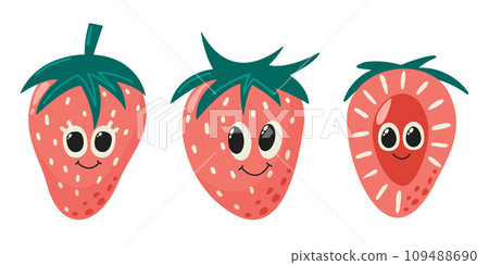 Strawberry fruit character with face. Summer set vitamin vector illustration isolated on white. Slice and whole sweet fruit 109488690