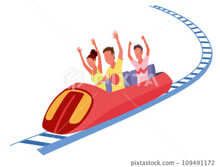 Roller coaster happy people. Rollercoaster. Friends riding in amusement park have fun positive emotion, park attractions. Young people having fun and enjoyment, cartoon vector illustration 109491172