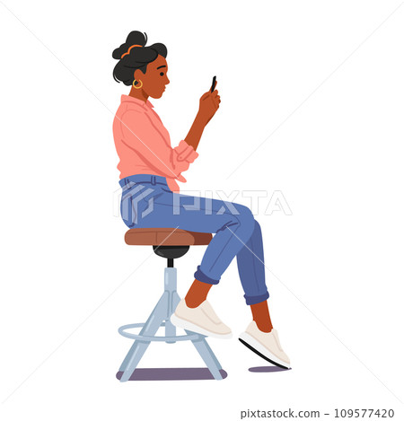 Black Woman Sits Upright On A Chair, Maintaining Proper Body Posture, Engrossed In Smartphone, Vector Illustration 109577420