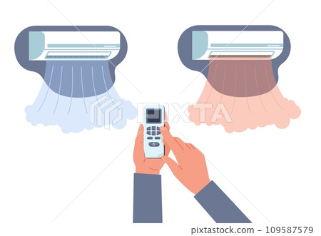 Hands switch air conditioner from cold air to warm air with remote control. Ventilation conditioning system for home and office. Cartoon flat isolated vector climate control concept 109587579