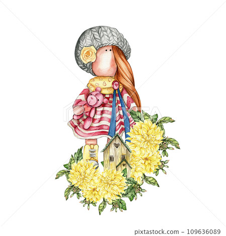 Composition of doll Tilda in dress and dahlia flowers. Hand drawn watercolor illustration. Design for baby shower party, birthday, cake, holiday celebration design, greetings card, invitation, sticker 109636089