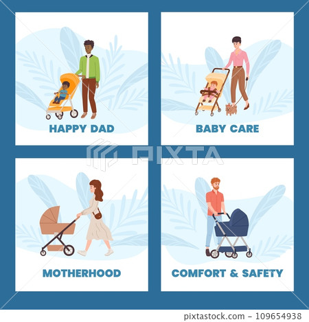 Parenthood posters set with people pushing baby strollers, flat vector illustration. 109654938