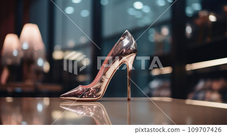 an individual high heel shoe standing in a fashion store 109707426