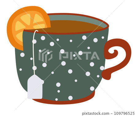 Tea cup with sliced orange. Vector illustration isolated on white background. Orange and tea bag. Flat style hot drink porcelain mug. Color Design element for restaurant or perk menu, sticker. 109796525