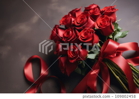 Bouquet of red roses tied with a red ribbon. Generative AI 109802458