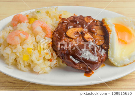 Shrimp pilaf and hamburger lunch 109915650