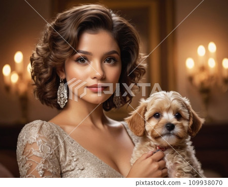 Portrait of a young beautiful woman with her beloved dog. 109938070