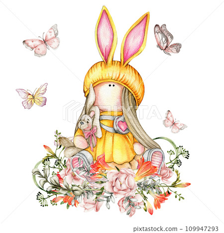 Composition of doll Tilda in dress and freesia flowers. Hand drawn watercolor illustration. Design for baby shower party, birthday, cake, holiday celebration design, greetings card, invitation, sticke 109947293