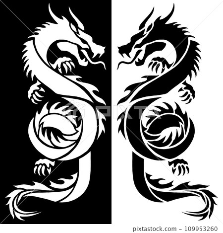 Silhouette of a white dragon and a black dragon facing each other 109953260