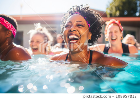 AI-generated content. Multiracial Mature women having fun and doing water aerobics in pool 109957812