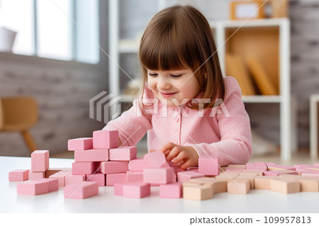 AI-generated content. Cute little girl playing with pink wooden blocks. Sustainable eco friendly toys 109957813