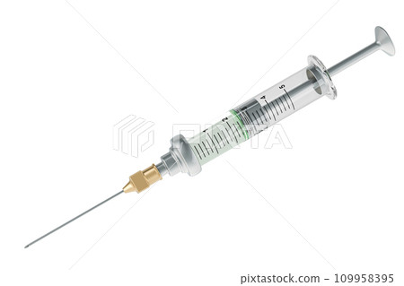 Syringe with drug, side view. 3D rendering 109958395