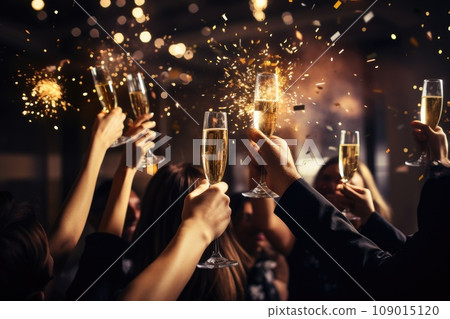 Happy and fun at a New Year Eve party. Christmas celebrating or New Year party. Generative AI 109015120