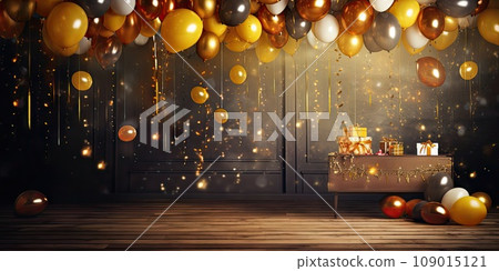 Room filled with festive gold and white balloons, gift boxes, and a joyous party atmosphere. Generative AI 109015121