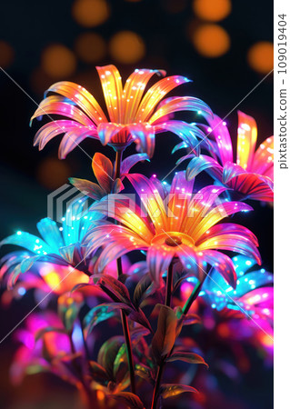 Luminous Rainbow Flowers at Night. Generative AI 109019404