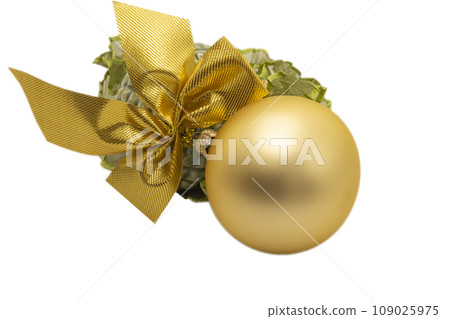 Golden Christmas festive ornament on white background. Merry Christmas and Happy New Year Holidays greeting card, frame, banner 109025975