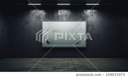 Blank billboard in subway, white poster mockup on dark wall. Empty banner for advertising in metro hallway. Concept of frame, background, underground, mock up, hall 109035973