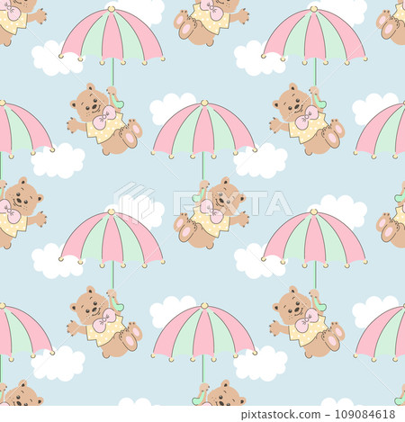 Seamless pattern, cute cartoon bears flying on an umbrella in the sky with clouds. Baby background, print, textile, vector 109084618