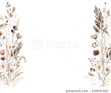 Border with watercolor with autumn brown wild flowers and leaves, wedding illustration 109092802