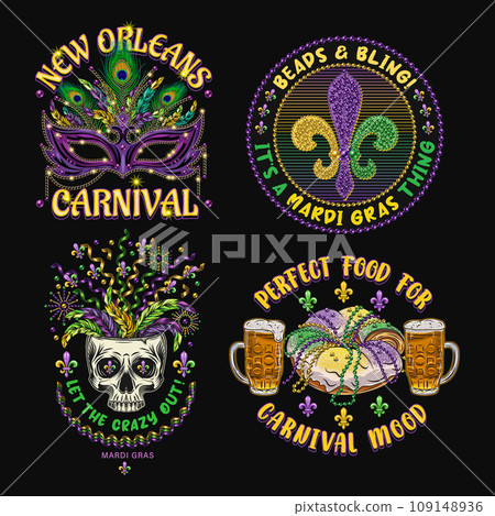 Carnival Mardi Gras labels with luxury mask, skull, holiday food, Fleur de Lis sign, text Vintage illustrations on black background. For prints, clothing, t shirt, holiday goods, stuff, surface design 109148936