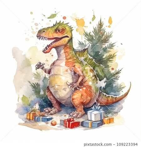 watercolor portrayal of a dinosaur donning a Santa suit 109223394