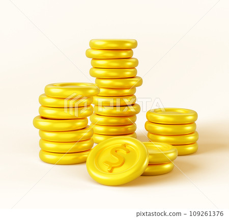 Gold coins pile with dollar sign 3d render icons. Winning casino or lottery game, prize or cash back. Cartoon stack of money, award, treasure isolated on white background, banner. 3D illustration 109261376