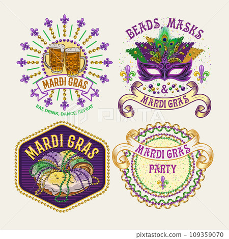 Carnival Mardi Gras labels with masquerade mask, holiday food, party streamers, beads, text. Vintage illustrations on white background. For prints, clothing, t shirt, holiday goods, stuff design 109359070