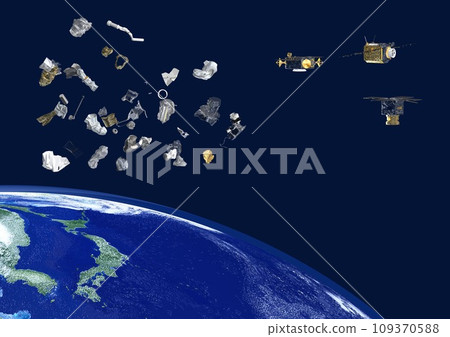 Satellites and space debris in Japan and the world (3DCG image) without the sun 109370588