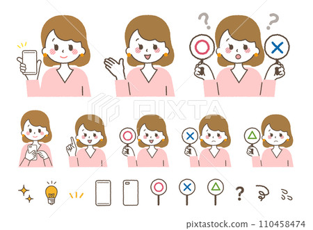 A woman making various gestures. Introducing finger-pointing and round-mark problems using a smartphone. 110458474