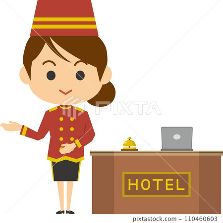 Image illustration of a bell girl giving information at the front desk 110460603