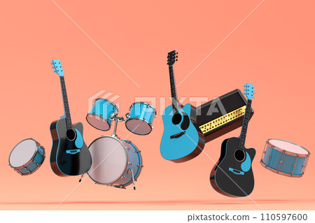 Set of electric acoustic guitars and drums with cymbals on orange background 110597600