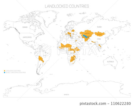 Political map of World with marked landlocked and double landlocked countries. 110622280