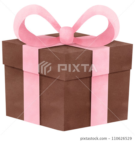 Brown gift box Pink bow Watercolor clip art 110626529