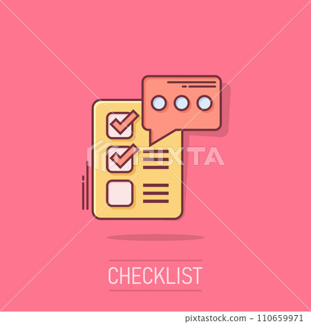 Checklist document sign icon in comic style. Survey vector cartoon illustration on white isolated background. Check mark banner business concept splash effect. 110659971