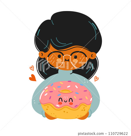 Young cute funny girl hold Donut in hand. Girl hugs cute Donut. Vector hand drawn doodle style cartoon character illustration icon design. Isolated on white background 110729622