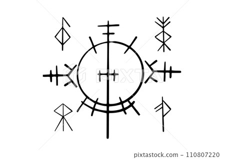 Nordic celtic runes, set norse protection symbols in doodle style, amulet, witchcraft signs on white background. 110807220