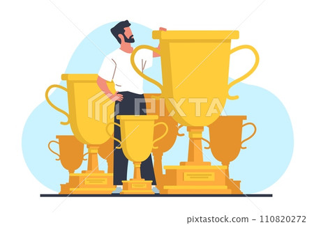 Successful man among his accomplishments and golden cups. Award goblets. Business victory. Male leadership. Businessman success. Person achievements. Honor and pride. Vector concept 110820272