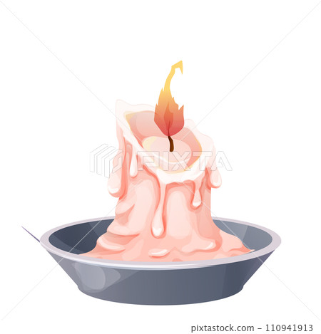 Wax candle with fire in metal holder, candelabra flame in cartoon style isolated on white background.  110941913