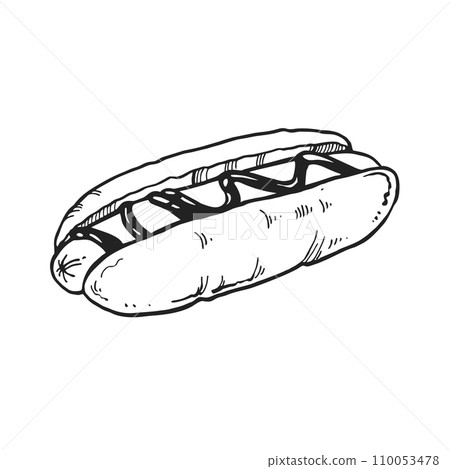 hand drawn vector illustration of fast food, ink sketch of hot dog in a bun and with mustard or sauce, black and white illustration of sausage with sauce isolated on white background 110053478