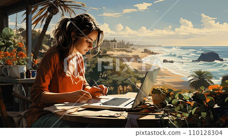 Beachside Efficiency Waves and Work with a Laptop by the Shore 110128304