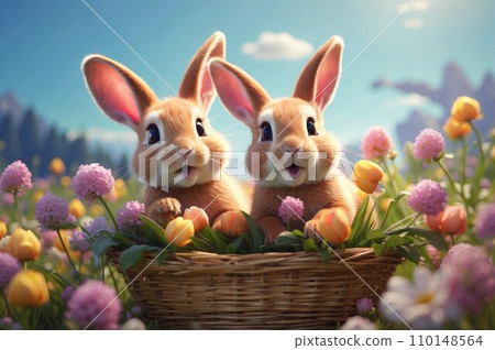 Illustration of happy, smiling little Easter bunnies in a wicker basket amidst a wildflower field. Ideal for a joyful and spring-themed Easter campaign 110148564