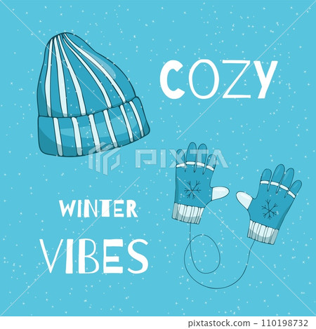 Hand drawn illustration with winter gloves and hat saying hello, Winter. Vector illustration for postcards, posters and other 110198732